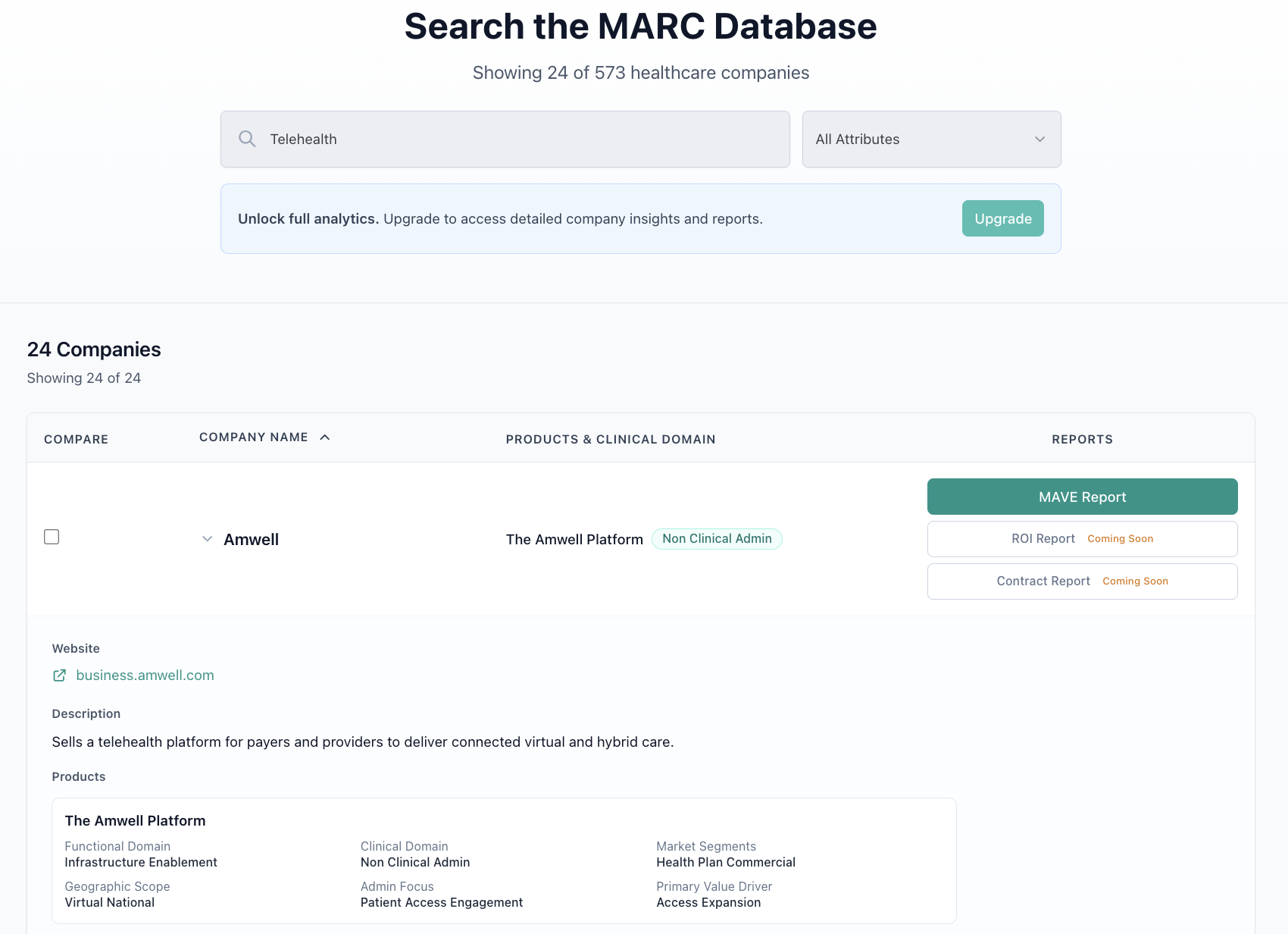 MARC Database search interface showing healthcare vendor search results